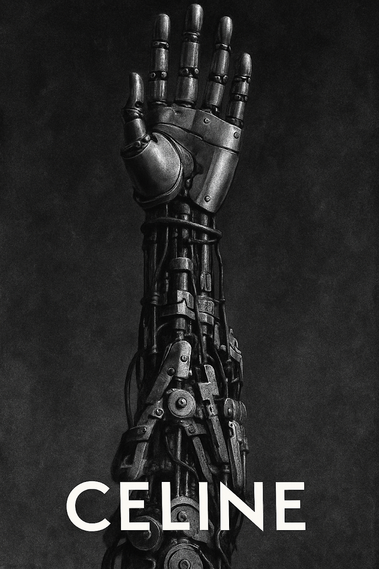 A mechanical hand and arm rising vertically against a dark ground. CELINE.