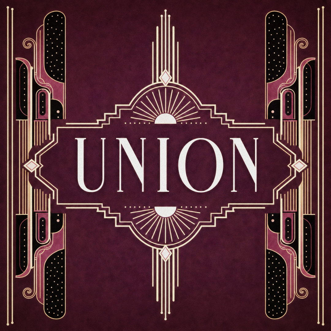 An Art-Deco affiche reading UNION in pale cream-rose capitals, framed by gold geometric ornament on a deep plum ground