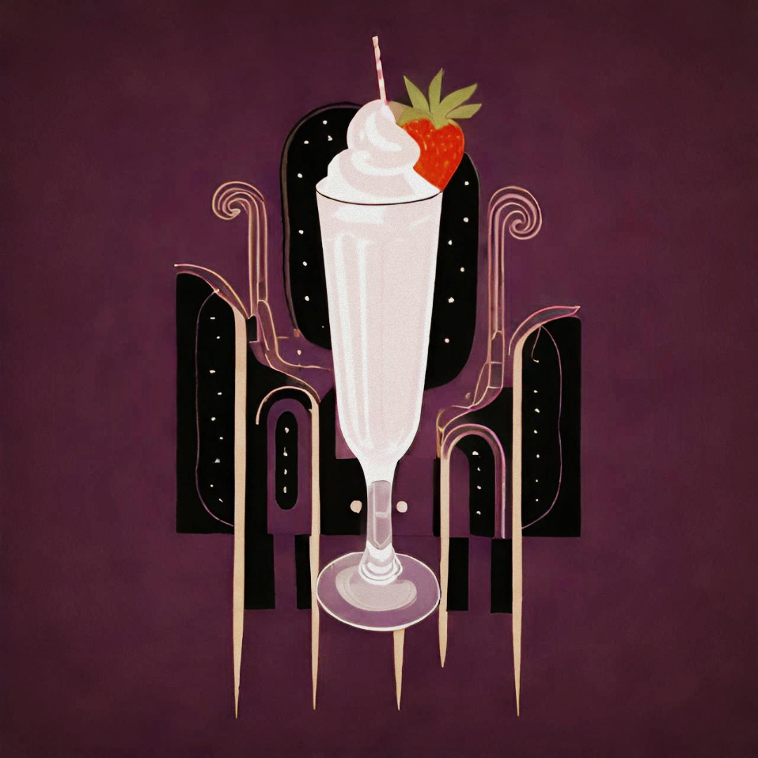 A strawberry milkshake in a tall Art-Deco glass, enthroned between two split high-backed chairs against a deep plum ground